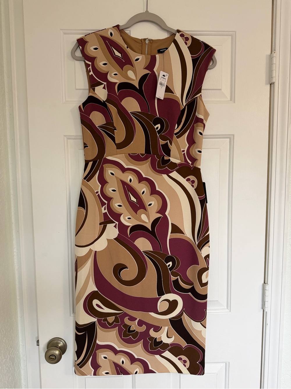 Express Sleeveless Paisley Midi Dress in Burgundy, Tan, Cream, and Black